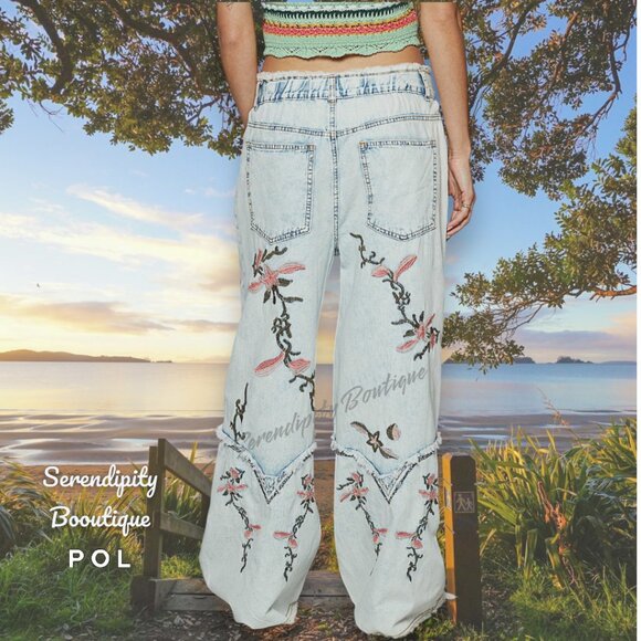 POL Bold Floral Embroider Denim Acid Faded Super Baggy Wide Flare Leg Blue Jeans - Picture 3 of 12